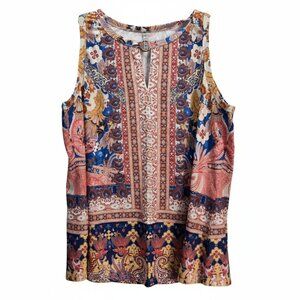 NWT | RIROW Boho Floral Patterned Tank Top | Gold Ring Keyhole | Size XL